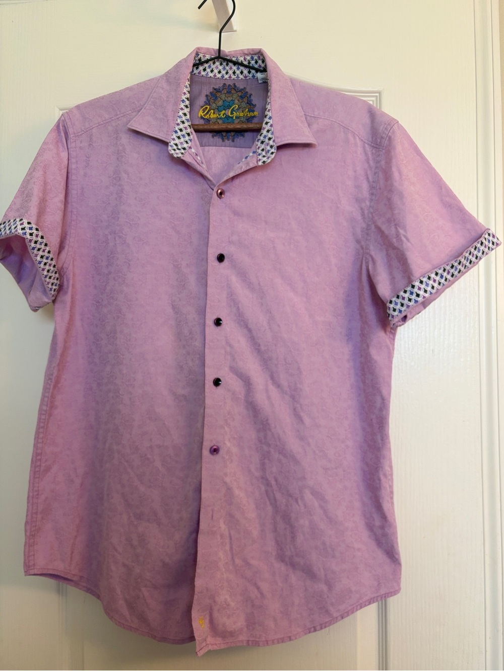 Robert Graham Purple Paisley Jacquard Short Sleeve Button Up Shirt Men's MD FLAW